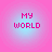 Four identical pixelated text icons arranged in a , each displaying 'MY WORLD' in pink block letters on a gradient background