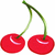 Two red cherries with green stems connected by a curved branch, each featuring a white highlight on its surface against a plain background.
