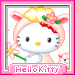 Hello Kitty avatar with pink floral headpiece holding a flower, wearing pink outfit, gray background, pink border, and 'Hellokitty' text below.