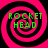 Four identical spiral patterns with alternating pink and black rings, each containing green text reading "ROCKET HEAD" in a pixelated font.