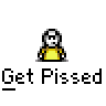 Animated contact sheet of a pixel art character in various poses with repeated text "Get Pissed" below each frame, showing progression from standing to aggressive gestures and disintegration effects on gray background.