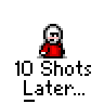 Animated contact sheet of a pixel art character in red shirt with white hair, showing sequential speech bubbles and pose changes across 23 frames on gray background.