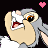 Pixelated cartoon character with gray hair and large eyes, mouth open in a shout or laugh, two pink hearts floating above head against black background.