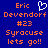 Blue background with orange pixelated text reading Eric Devendorf #23 Syracuse lets go!! and a white heart-shaped icon above the name.