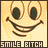 A 4-frame contact sheet of a pixelated smiley face animation with text "SMILE BITCH" below each frame, showing subtle mouth and eye changes across frames.