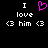 Pixelated text and symbols on black background: 'I' above 'love' above '<3 him <3', with a pink heart symbol replacing the 'o' in 'love' on the left side.