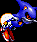 Pixelated blue wizard hat with orange and yellow flame accents, white skull face, red lower body on black background.
