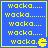 Blue square with yellow border containing repeated "wacko." text and a pixelated Pac-Man icon, displayed in four identical