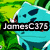 Pixelated blue Pokémon with dark spots and green foliage background, overlaid with black text reading "JamesC375".