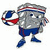 Pixelated character in gray uniform with red and blue accents holding a basketball, standing on one leg with arms raised.