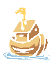 Pixelated boat with brown hull, light blue water, and yellow giraffe-like figure on top, arranged in a on gray background