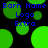 Static digital image with repeating blue text and green circular shapes on black background.
