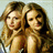 Two identical women with long brown hair and light skin pose side-by-side against a light gray background, with pink text and a heart symbol overlaid on the right side.