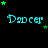 Animated icon with turquoise 'Dancer' text and green stars on black background, showing star movement