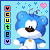 Blue cartoon bear with white chest and brown nose, wearing blue jacket, standing against light blue background with pink hearts and small stars.