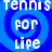 Pixelated blue spiral background with white text reading "Tennis for life" repeated across four quadrants, one quadrant grayed out.
