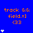 Blue background with orange text 'track && field.=] <33' repeated , white star icons in vertical on left and center