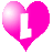 A static buddy icon featuring a bright pink heart with a white letter 'L' inside, alongside scattered gray pixelated text fragments on a transparent background.
