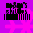 Purple background with pink starbursts and four identical of black text reading "m&m's skittles" above a black barcode-like pattern