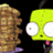 A green cartoon character with large white eyes and a pink tongue sticks out, positioned next to a brown textured object against black background.