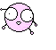 A pink pixelated character with large white eyes and a small mouth appears in nine positions against a gray background