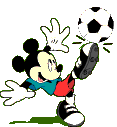 Animated contact sheet showing three sequential frames of Mickey Mouse kicking a soccer ball against a gray background.