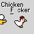 Pixelated chicken and yellow figure with white sphere interact , text reads 'Chicken F cker' above each frame