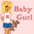 Pixelated image of a blonde woman in a white tank top and blue shorts holding a brown teddy bear, with 'Baby Gurl' text on a light pink background.