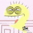 Pixelated yellow cartoon character with large green eyes, a red mouth, and spiky hair, standing against a light pink background with geometric shapes.