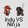 Animated contact sheet of pixel art frames showing two characters fighting, with text "Indy VS Ninja" beneath each pair.