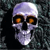 Pixelated skull icon with glowing orange eyes against a dark, pixelated background.