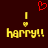 Pixelated image with dark brown background, yellow text 'harry!!' with exclamation marks, two yellow vertical bars above text, and a red heart symbol above the bars.
