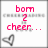Four display text variations with a heart symbol; top-left reads 'born 2 cheer...', top-right 'luv 2 cheer...', bottom-left 'live 2 cheer!', all in pink text on white background with gray border