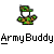 Pixelated 2D icon of a cartoon soldier figure with camouflage attire and white face, positioned above stylized text on gray background.