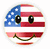 Pixelated circular icon with American flag pattern forming a smiling face, featuring blue field with white stars on left, red and white stripes across the middle and bottom, large cartoon eyes, and a curved smile.