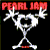 A 50x50 pixel animated buddy icon featuring a stick figure with antlers forming a heart shape, split into two frames: left frame shows the figure against black background with "PEARL JAM" text above, right frame displays green text on dark green background.