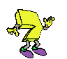 Yellow cartoon character with purple shoes and green ankle bands performing sequential hand and body movements against gray background.