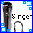 Pixelated icon shows a microphone with headphones, surrounded by blue squares on white background; text "Singer" in pixel font.