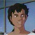 Pixelated static image of a character with short dark hair, light skin, and a neutral expression against a blue background with vertical lines.