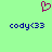 A static image with a light green background featuring a magenta pixelated heart symbol above two identical lines of blue pixelated text reading "cody<33".