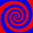 Four red and blue spiral patterns arranged in a on a solid background, each spiral rotating clockwise with alternating color bands