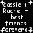 Two side-by-side pixelated text-based images on black background with white characters displaying 'cassie + Rachel = best friends forever' using plus signs and asterisks as decorative elements.