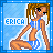 A 4x3 contact sheet of a pixel-art animated buddy icon featuring a cartoon woman in a blue-and-white striped bikini, with the name "ERICA" displayed on each frame.