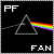 Static pixel art icon with black background, white text 'PF' top-left and 'F&N' bottom-right, gray triangular prism emitting rainbow spectrum from right side.