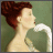 Pixelated image of a woman with reddish-brown hair in an updo, wearing a green garment and white collar against a muted green background.