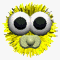 Yellow spiky cartoon face with large white-rimmed eyes and a light green nose, shown in two where the mouth shape changes from rounded to slightly open