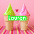 Two ice cream cones with green and pink scoops sit on a striped surface under a pink background, with a red heart between them and the name 'Lauren' displayed in green text.