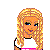 Pixelated cartoon character with blonde braided hair, blue eyes, and a white top with pink trim, shown in three cropped views against a white background.