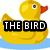 Pixelated yellow duck with red beak and black-and-white eye, floating on blue water, with text blocks reading THE BIRD IS THE WORD.