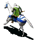 A rider in green tunic and white helmet rides a white horse with blue saddle, moving from left to right